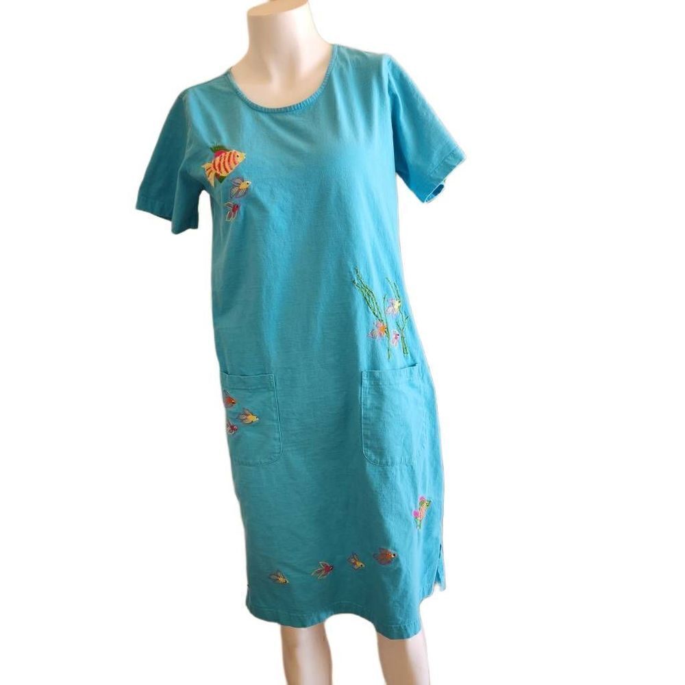 Women's blue vintage fish sequin embroidered pullover t-shirt dress small to med